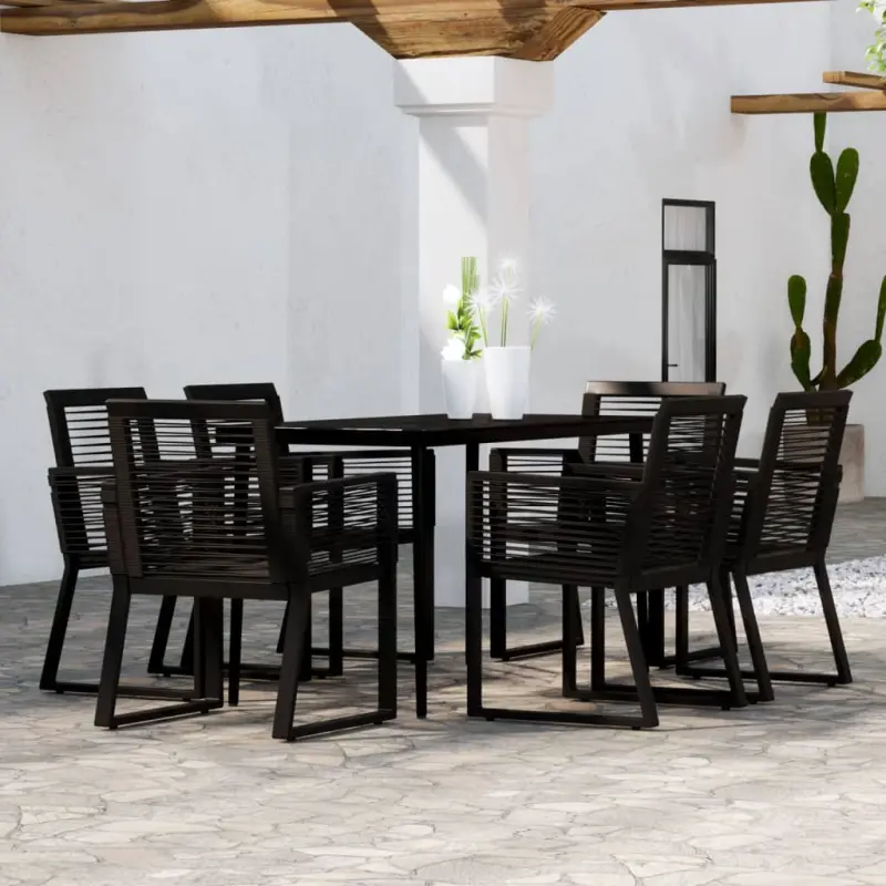 Meble ogrodowe 7-częściowe czarne z rattanem PVC i stalowym stołem