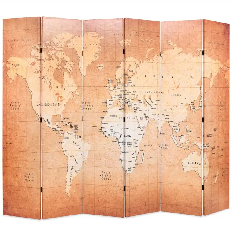 Składany parawan, 228x170 cm, mapa świata, żółty