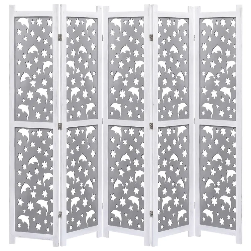 Parawan 5-panelowy, szary, 175 x 165 cm, lite drewno