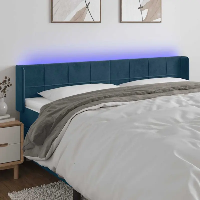 Zagłówek do łóżka z LED ciemnoniebieski 203x16x78/88 cm aksamit