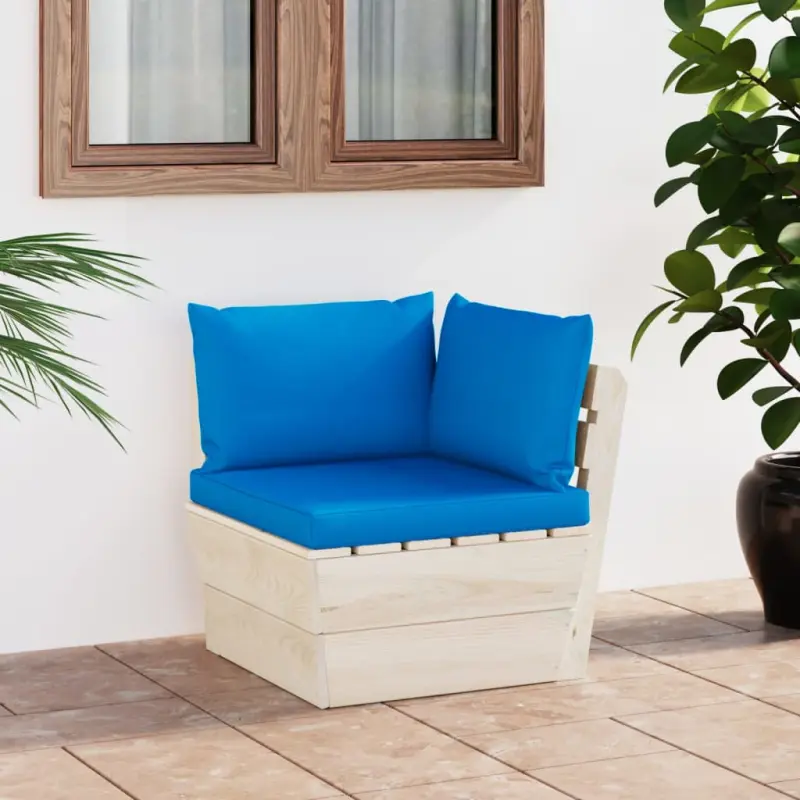 Ogrodowa sofa narożna z palet z poduszkami, impregnowany świerk