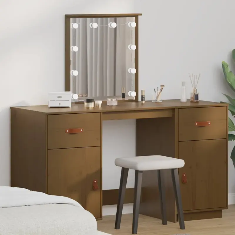 Toaletka z LED, miodowy brąz, lite drewno sosnowe