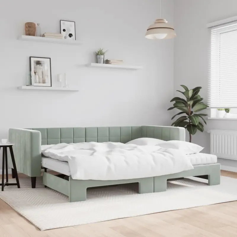 Sofa rozsuwana z materacami, jasnoszara, 90x190 cm, aksamit