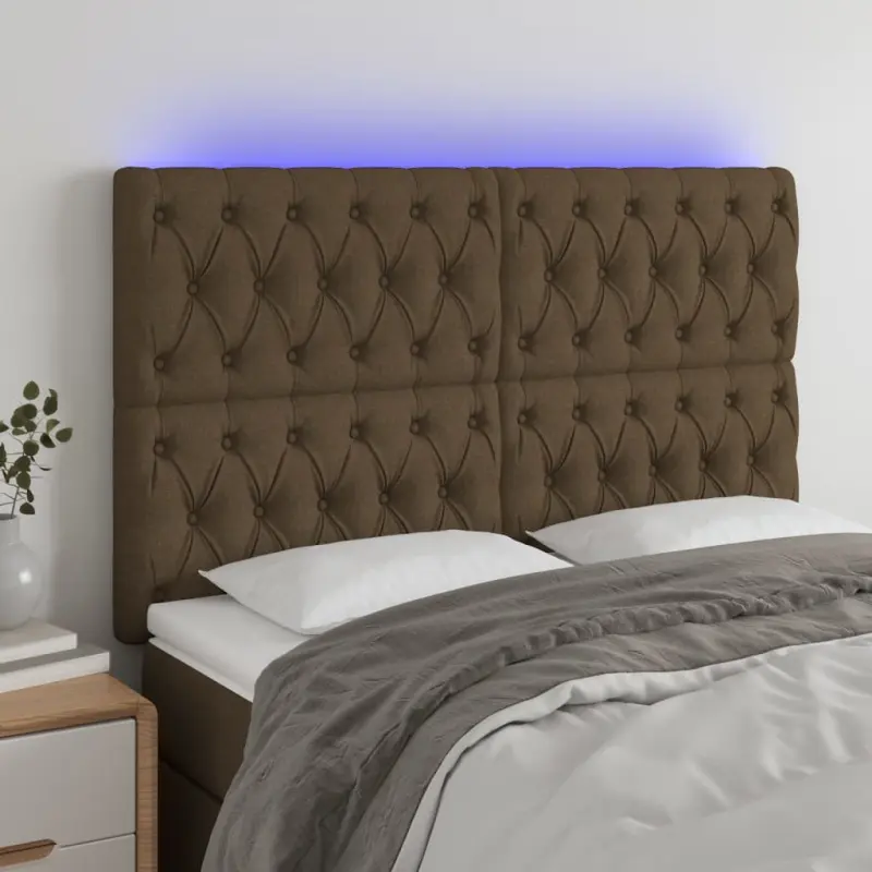 Zagłówek do łóżka z LED ciemnobrązowy 160x7x118/128 cm tkanina