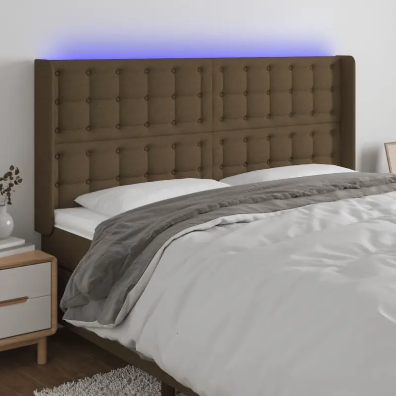 Zagłówek do łóżka z LED ciemnobrązowy 203x16x118/128 cm tkanina