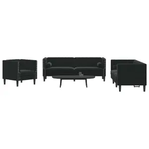3-cz. wypoczynek Chesterfield z wałkami, czarny, aksamit