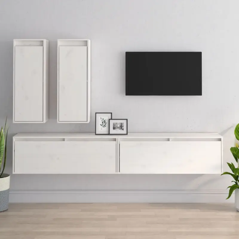 Szafki pod TV, 4 szt., białe, lite drewno sosnowe