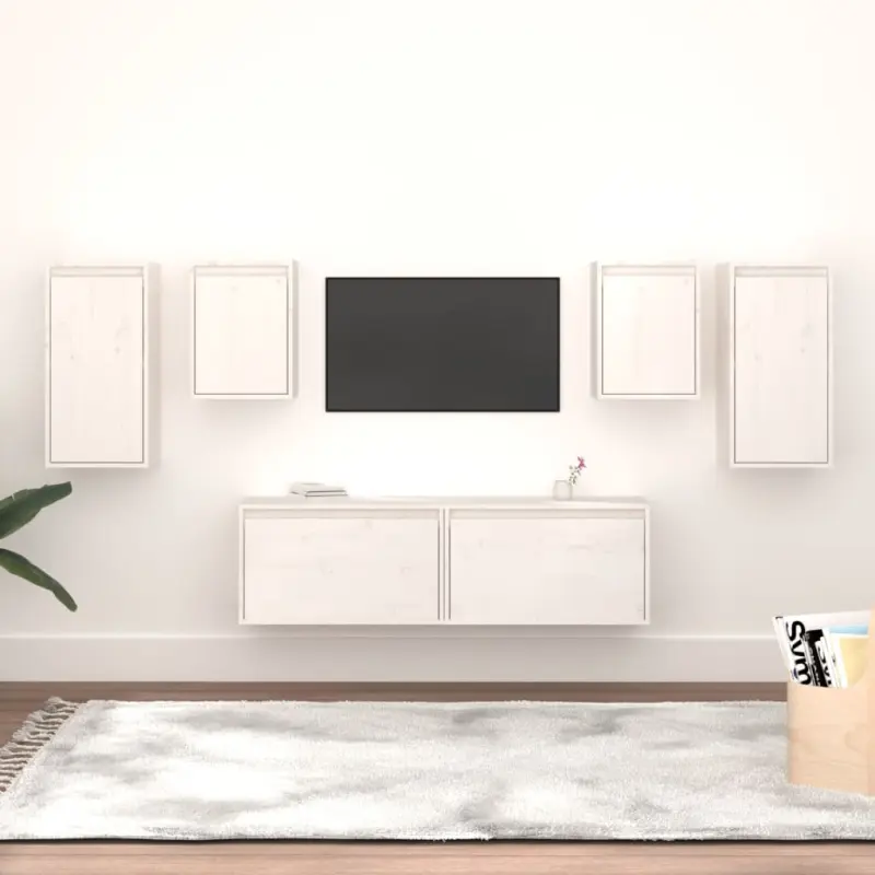 Szafki pod TV, 6 szt., białe, lite drewno sosnowe