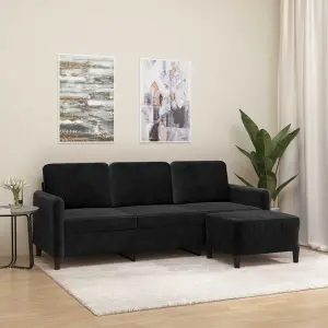 3-osobowa sofa z podnóżkiem, czarna, 180 cm, aksamit