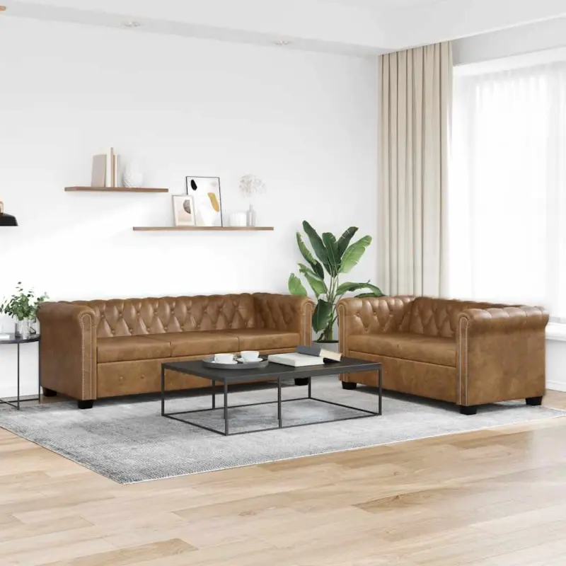 2 sofy Chesterfield: 2-osobowa i 3-osobowa, brązowe