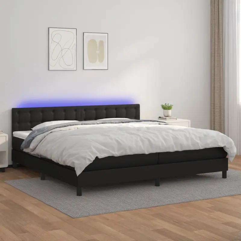 Łóżko kontynentalne z materacem i LED czarna ekoskóra 200x200cm