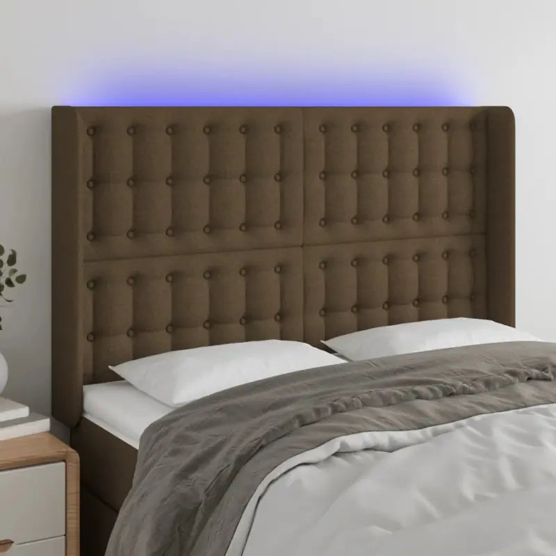 Zagłówek do łóżka z LED ciemnobrązowy 147x16x118/128 cm tkanina