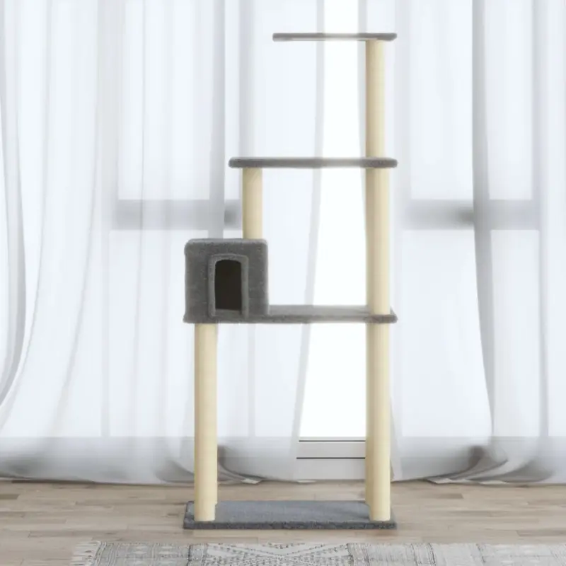 Drapak dla kota z sizalowymi słupkami, jasnoszary, 147 cm
