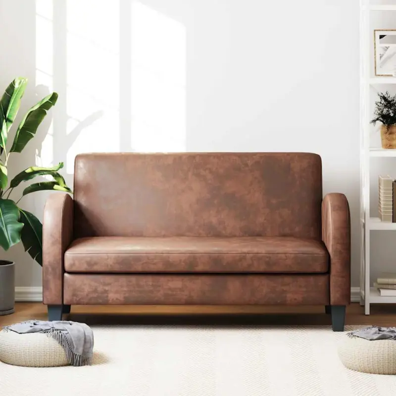 Sofa 2-osobowa ze sztucznej skóry zamszowej, brązowa