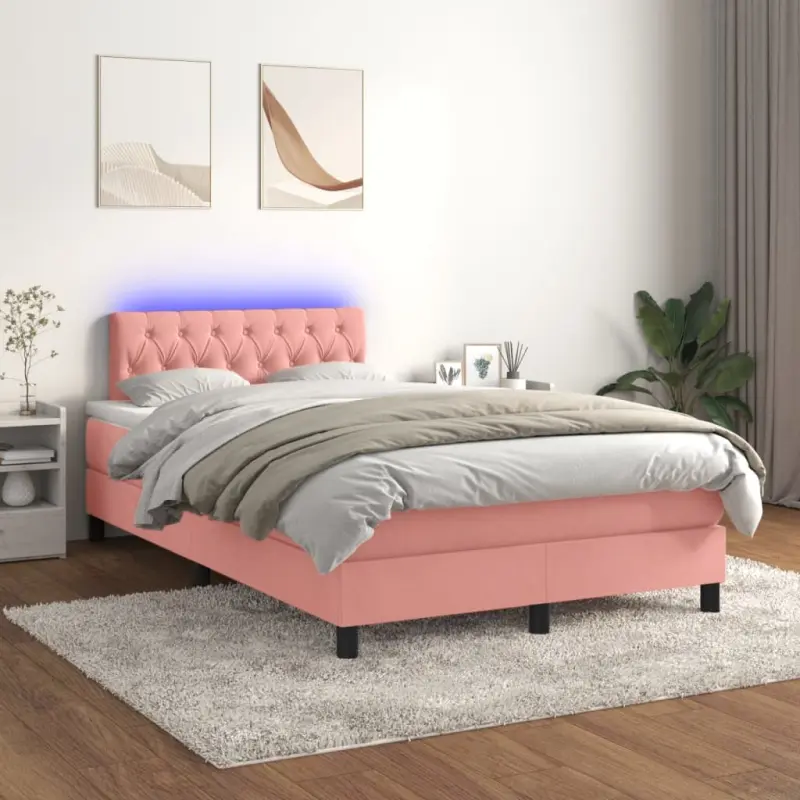 Łóżko kontynentalne z materacem i LED, różowy aksamit 120x200cm