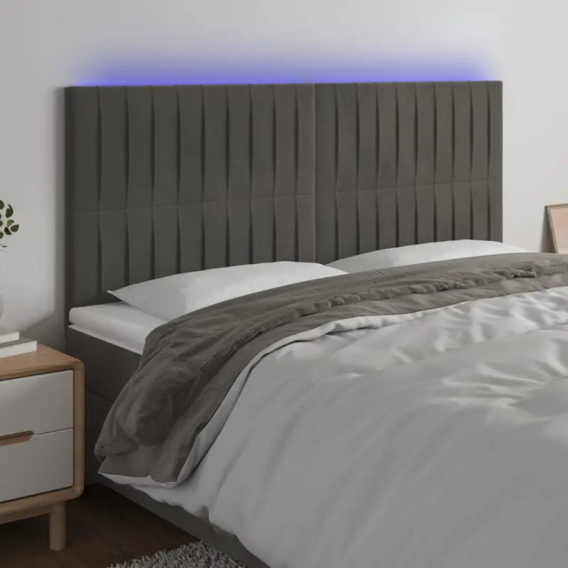 Zagłówek do łóżka z LED, ciemnoszary, 180x5x118/128 cm, aksamit