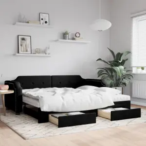 Sofa rozsuwana z szufladami, czarna, 100x200 cm, tkanina
