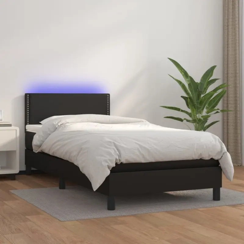 Łóżko kontynentalne z materacem i LED czarna ekoskóra 100x200cm