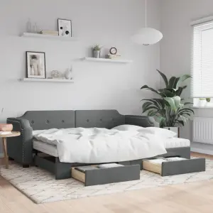 Sofa rozsuwana z szufladami, ciemnoszara, 90x200 cm, tkanina