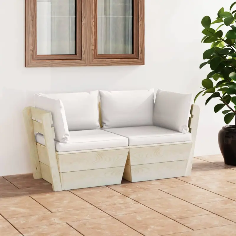 Meble ogrodowe sofa 2-osobowa z palet drewno świerkowe kremowe poduszki