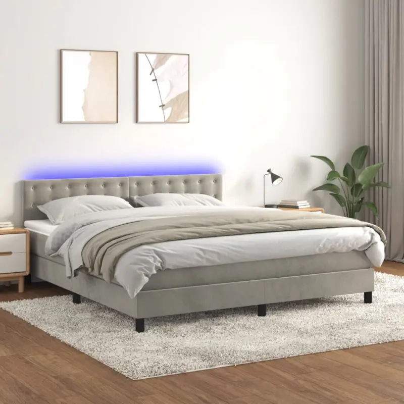 Łóżko kontynentalne z materacem i LED, szare 180x200cm, aksamit