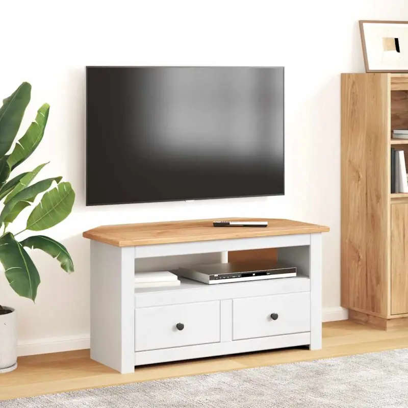 Narożna szafka pod TV, biała, 93x49x49 cm, sosna, seria Panama