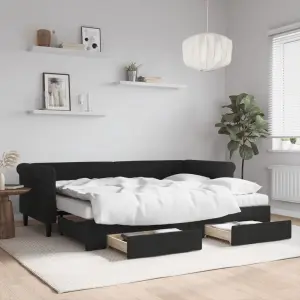 Sofa rozsuwana z szufladami, czarna, 80x200 cm, aksamit