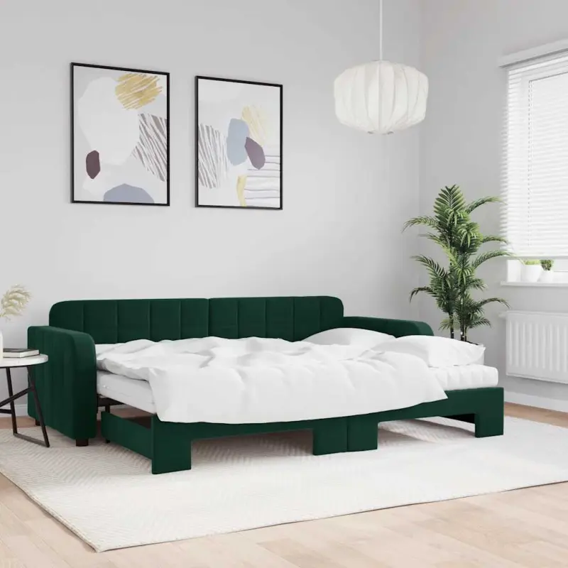 Sofa rozsuwana z materacami, ciemnozielona, 80x200 cm, aksamit