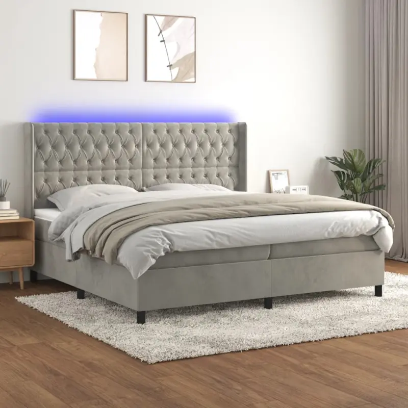Łóżko kontynentalne z materacem i LED, szare 200x200cm, aksamit