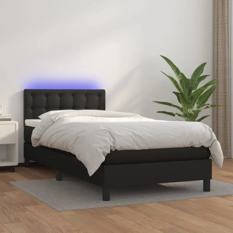 Łóżko kontynentalne z materacem i LED czarna ekoskóra 100x200cm
