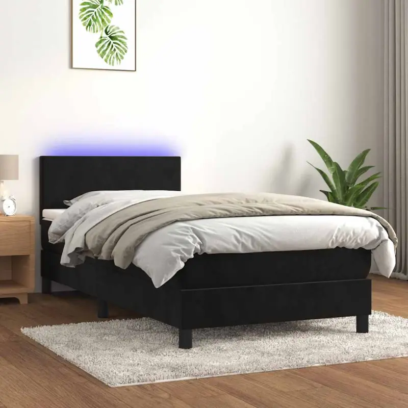 Łóżko kontynentalne z materacem i LED, czarny aksamit 90x190 cm