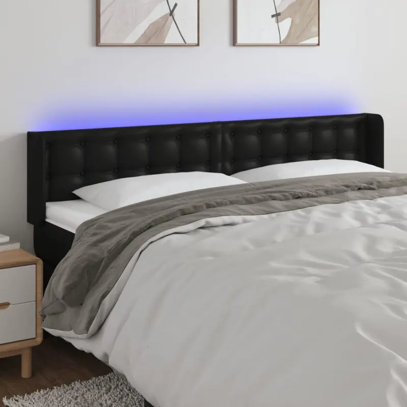 Zagłówek do łóżka z LED, czarny, 203x16x78/88cm, sztuczna skóra
