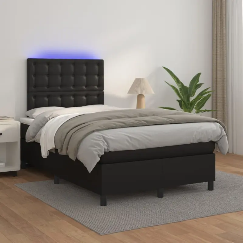 Łóżko kontynentalne z materacem i LED czarna ekoskóra 120x200cm