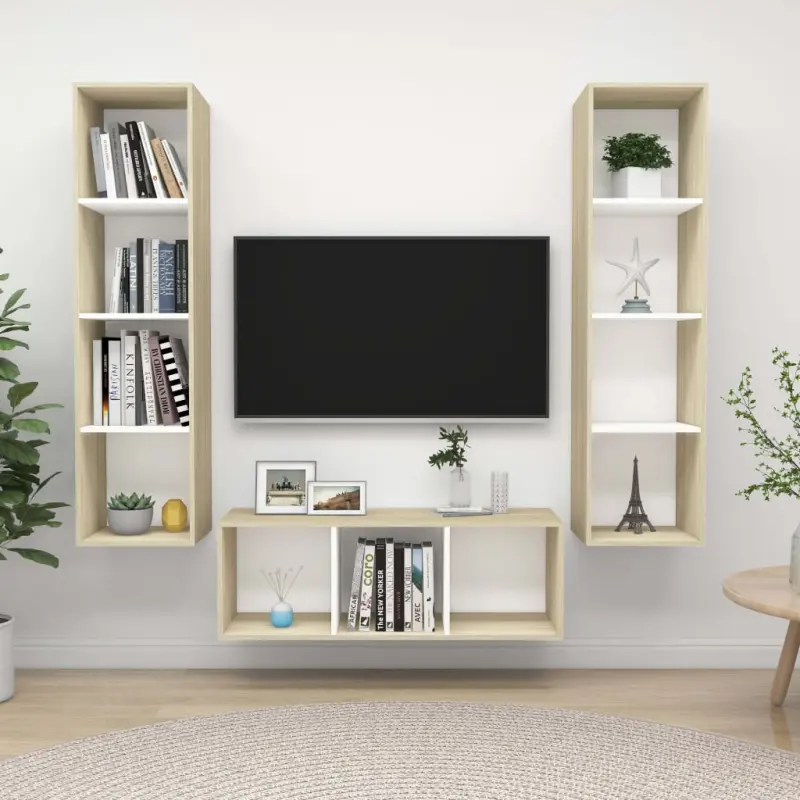3-cz. zestaw szafek TV, biel i dąb sonoma