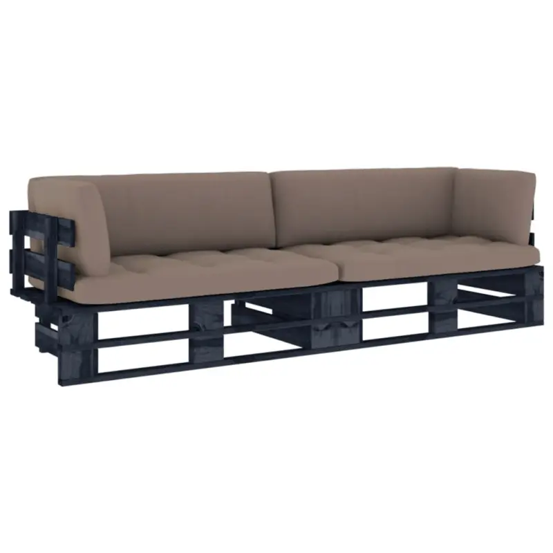 Sofa 2-osobowa z palet, z poduszkami, czarna, drewno sosnowe