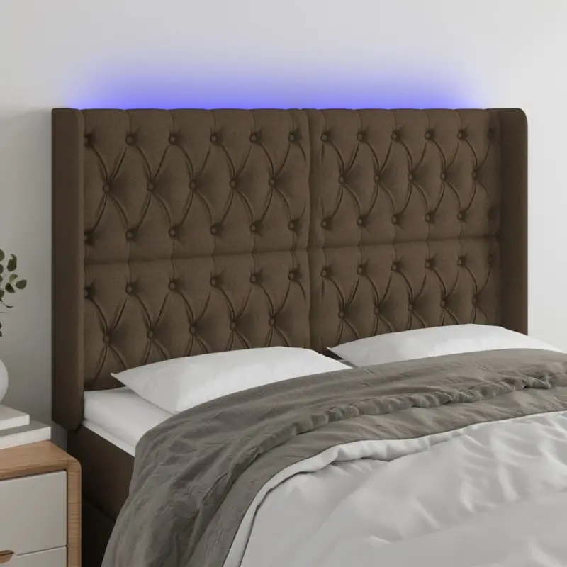 Zagłówek do łóżka z LED ciemnobrązowy 147x16x118/128 cm tkanina