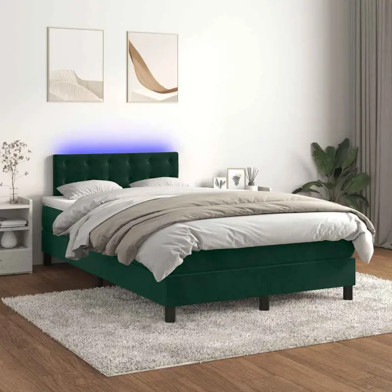 Łóżko kontynentalne z materacem i LED zielony aksamit 120x200cm