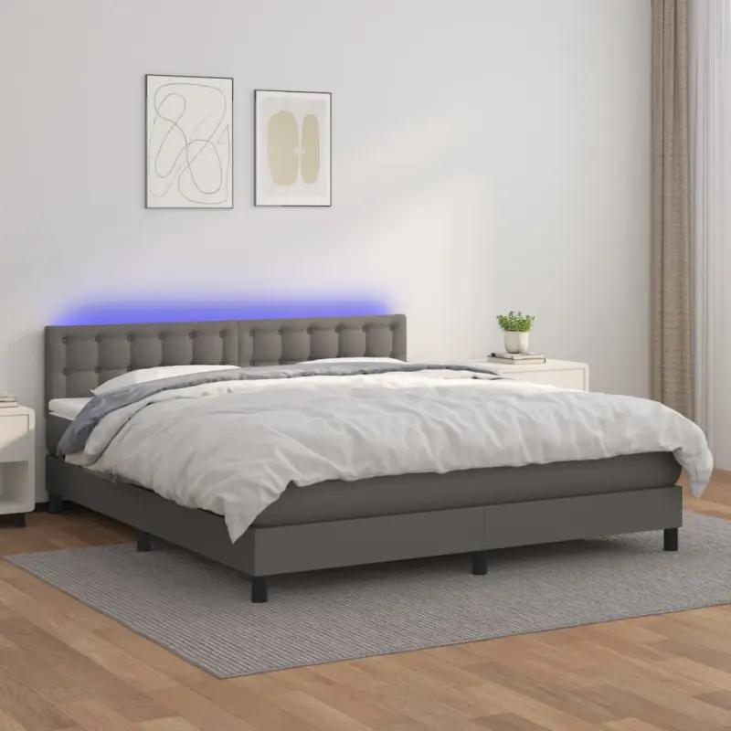 Łóżko kontynentalne z materacem i LED, szara ekoskóra 180x200cm