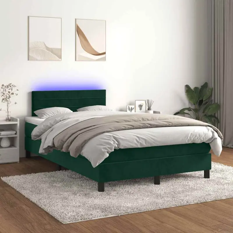Łóżko kontynentalne z materacem i LED zielony aksamit 120x200cm