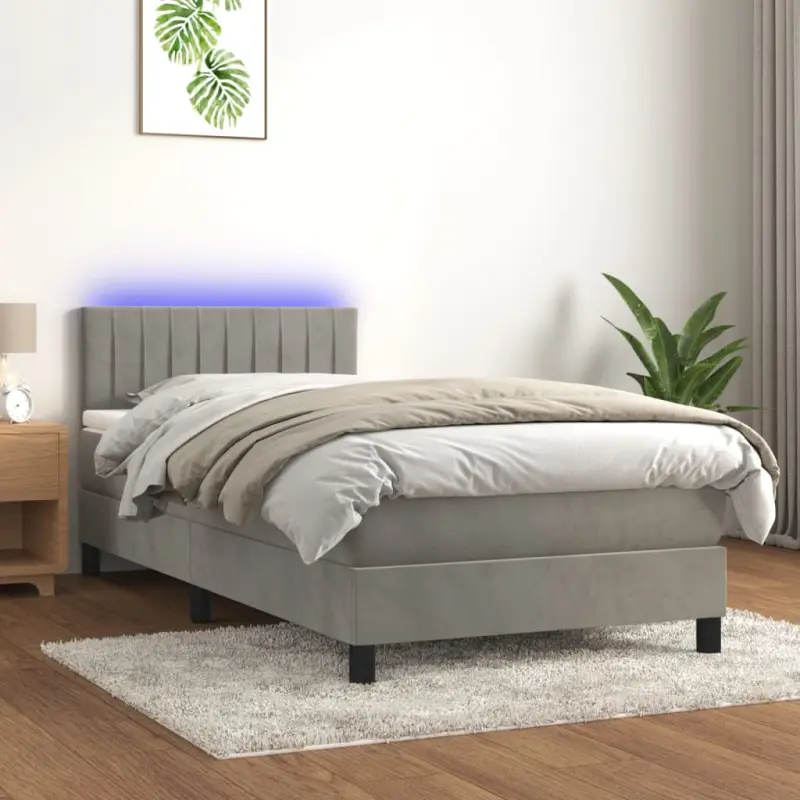 Łóżko kontynentalne z materacem i LED, szare 100x200cm, aksamit