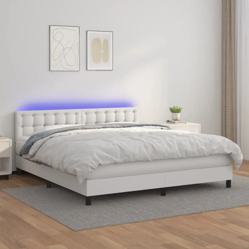 Łóżko kontynentalne z materacem i LED, biała ekoskóra 160x200cm