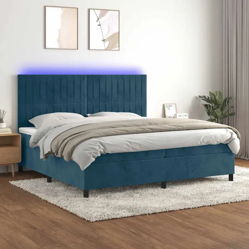 Łóżko kontynentalne, materac i LED, niebieski aksamit 200x200cm