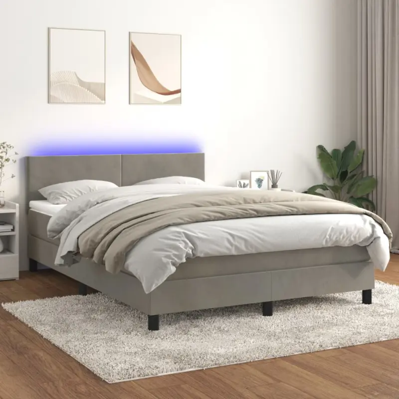 Łóżko kontynentalne z materacem i LED, jasnoszare, 140x190cm, aksamit