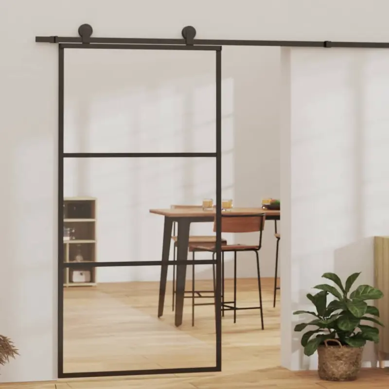 Drzwi przesuwne, szkło ESG i aluminium, 102x205 cm, czarne