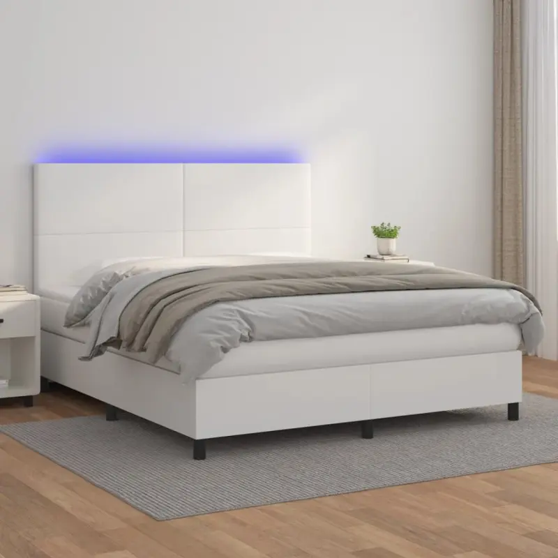 Łóżko kontynentalne z materacem i LED, biała ekoskóra 180x200cm
