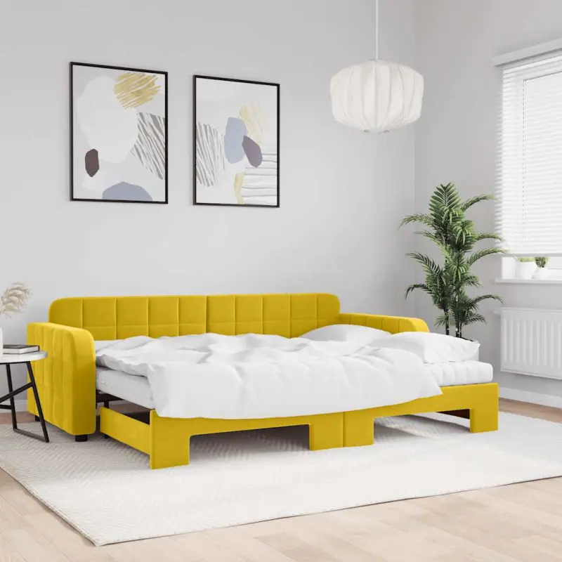 Sofa rozsuwana z materacami, żółta, 80x200 cm, aksamit