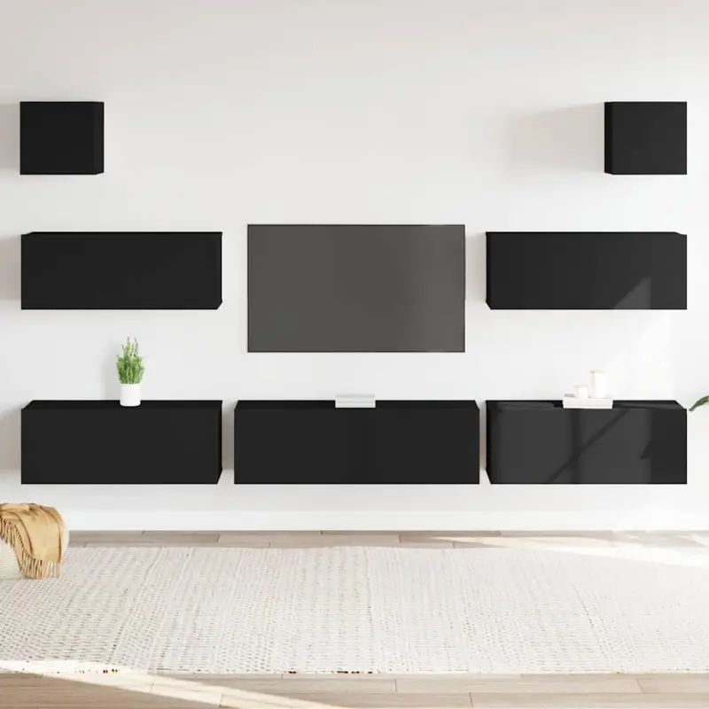 Zestaw 7 szafek TV, Czarny, materiał drewnopochodny