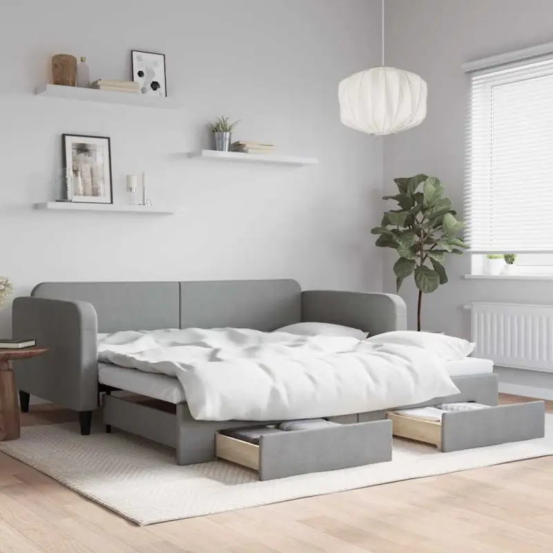 Sofa rozsuwana z szufladami, jasnoszara, 100x190 cm, tkanina