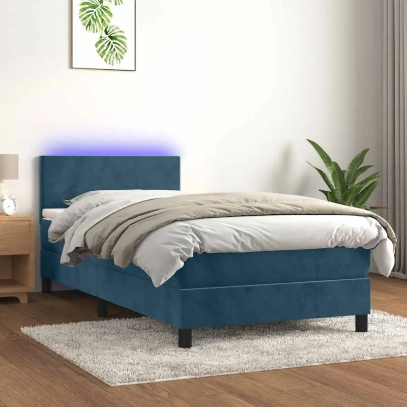 Łóżko kontynentalne, materac i LED, niebieski aksamit 90x200 cm