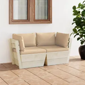 Meble ogrodowe sofa 2-osobowa z palet drewno świerkowe beżowe poduszki